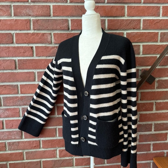 •Lisa Yang Daphne Cashmere Cardigan in Black & Sand Stripes Size 1=S/M - Picture 1 of 14